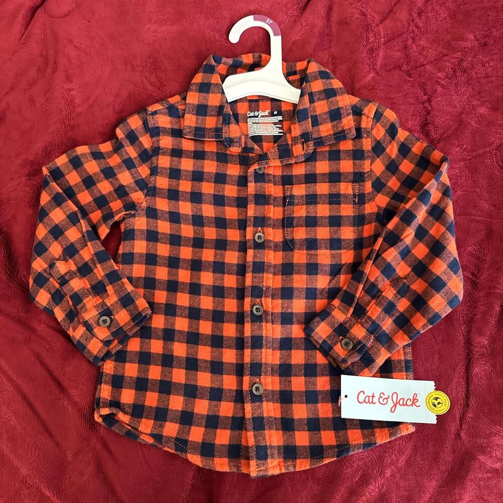 Kids 3T long sleeve Orange and navy plaid button-up shirt